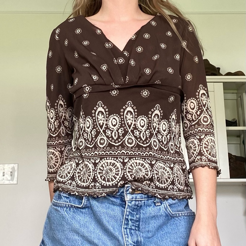 Liz Claiborne acxcess brown fairy quarter sleeve mesh top